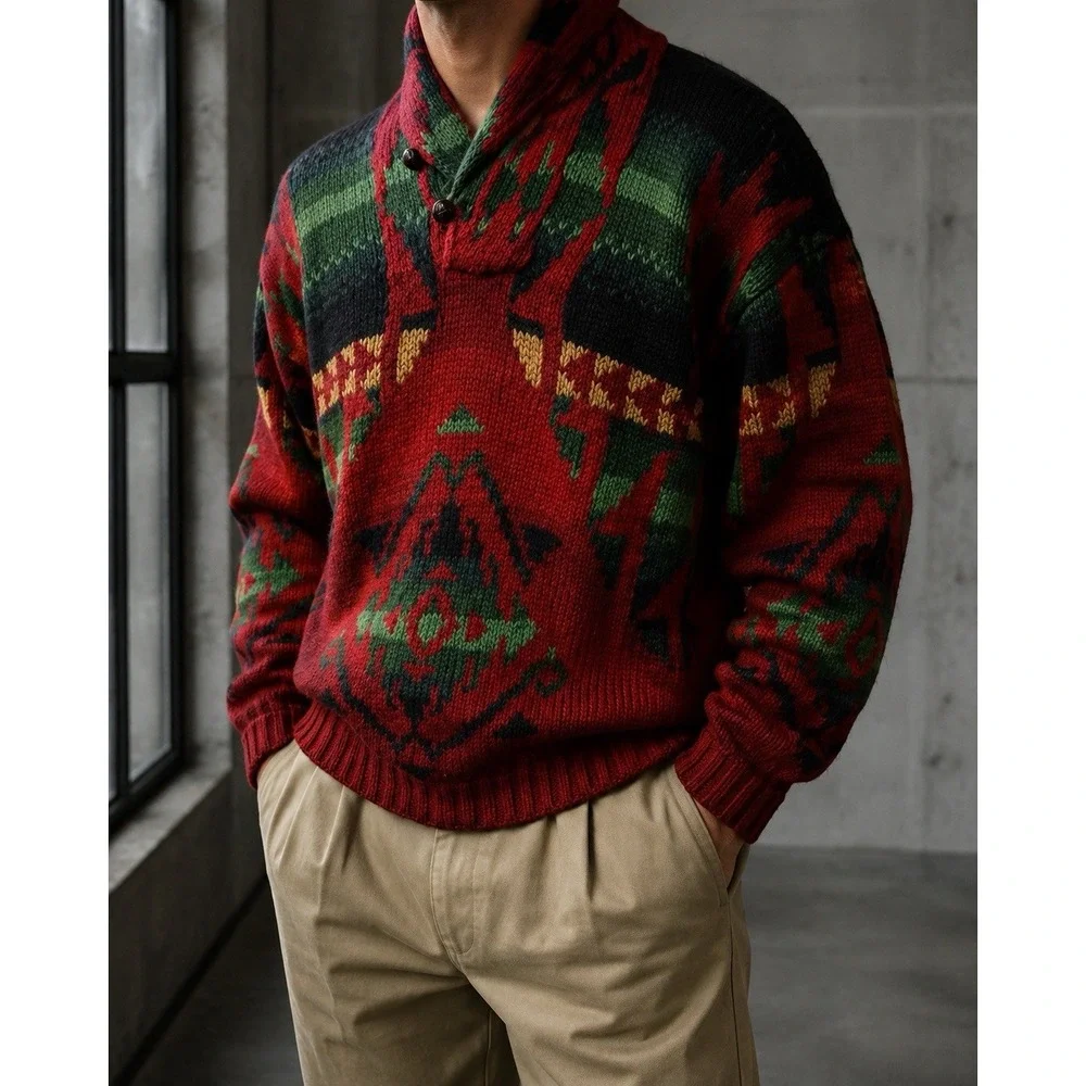 Vintage Polo Ralph Lauren Wool Hand Knit Southwestern Aztec Shawl Sweater M